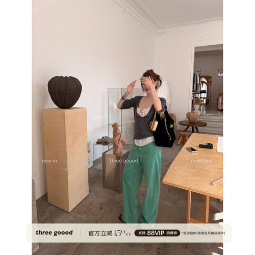 THREE GOOOD殷三吉 绵羊毛纯色大U领套头打底女秋休闲宽松针织衫