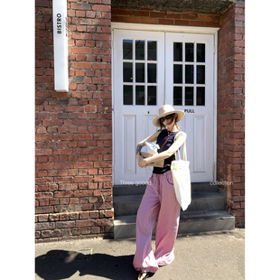 THREE GOOOD殷三吉 一眼心动的粉条纹 宽松慵懒直筒休闲遛弯裤