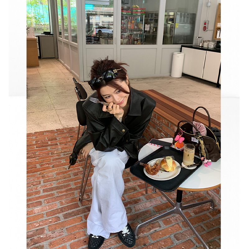 THREE GOOOD殷三吉【半糖摩卡】小众设计感皮带夹克皮衣外套女新