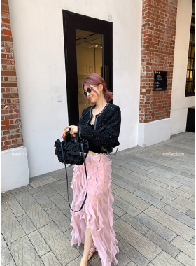 THREE GOOOD殷三吉黑色短款长袖气质星河亮片小香风外套Y725T0037