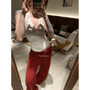 软糯糯绒感抽绳阔腿直筒休闲长裤 绛红旧调 GOOOD殷三吉 THREE