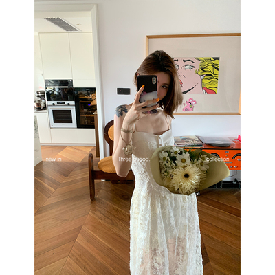 缎面拼接提花长款蕾丝吊带连衣裙