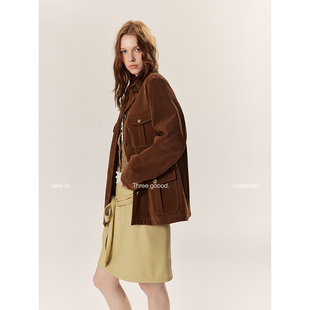 外套 美拉德驳哑光PU皮立体口袋西装 THREE GOOOD殷三吉