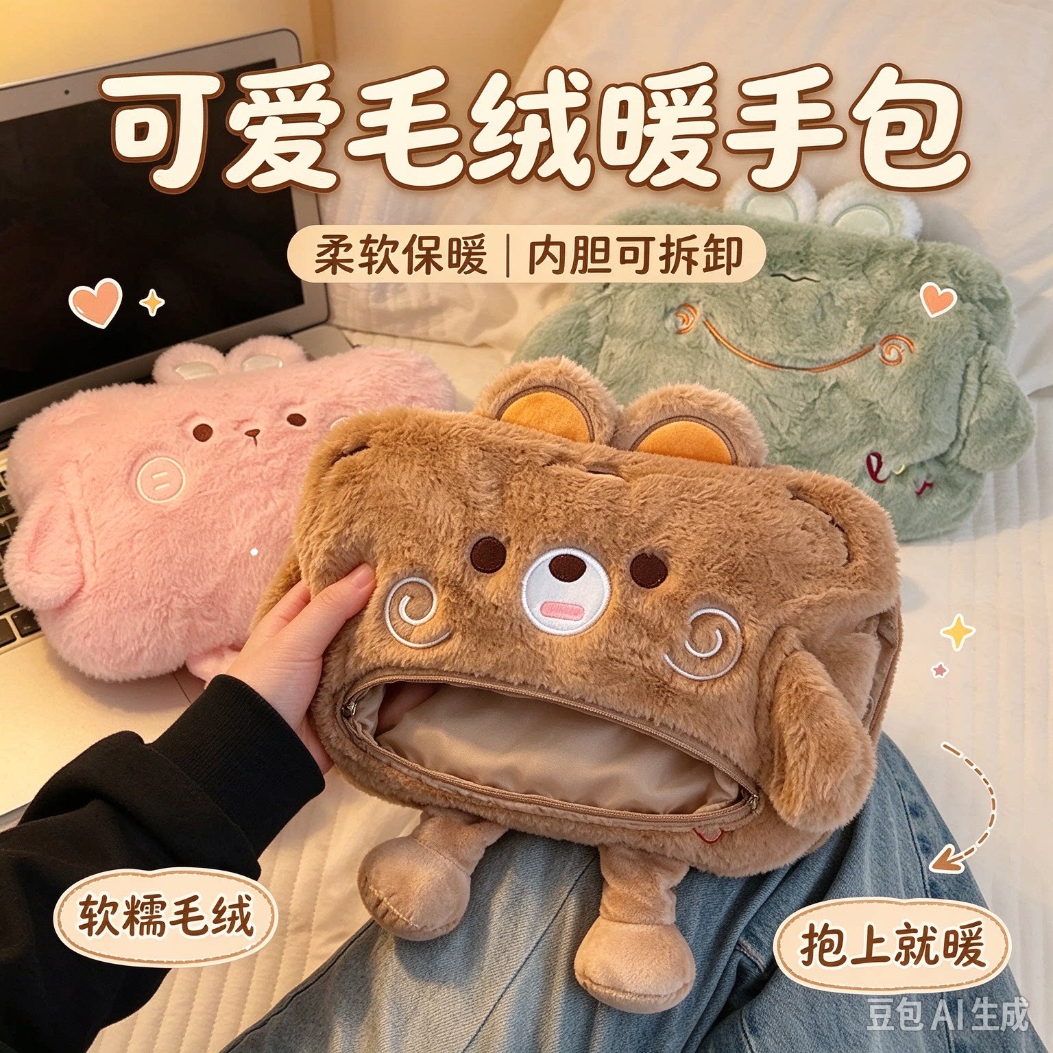 可爱毛绒暖手包 女生暖宝宝 可拆卸内胆 捂手抱枕 生日礼物