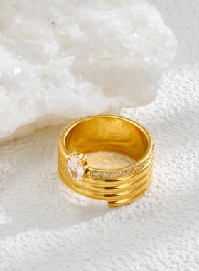 镶钻高级感钛钢戒指镀18K金指环女欧美时尚跨境INS风小众设计新款