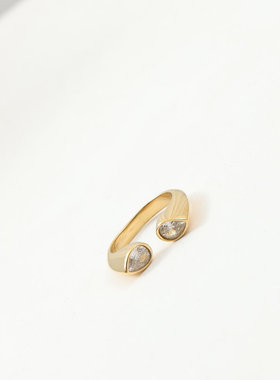 欧美跨境INS风水滴开口镶锆石钛钢镀18K金戒指指环中食指食指女