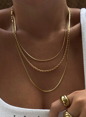 欧美ins博主同款街拍性感三层麻花蛇骨钛钢镀18K金项链锁骨链百搭