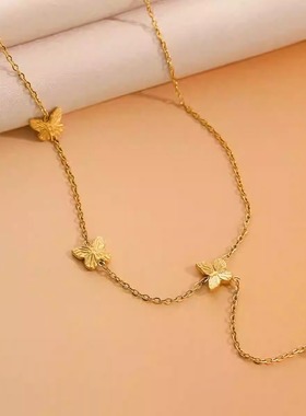 2024新款日韩时尚精致立体小蝴蝶钛钢镀金项链气质时尚饰品配饰女