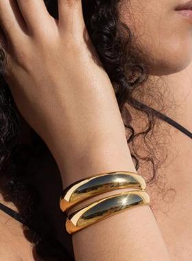 欧美风大气时尚钛钢光面双层开口手镯女士高级夸张手环跨境手饰女