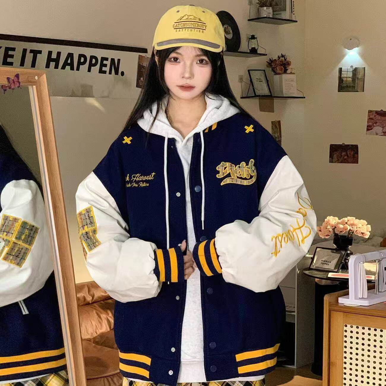 国潮高街徽章刺绣pu皮拼接夹克男女青少年学生百搭潮流棒球服外套