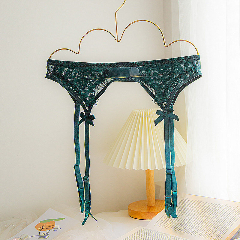 少女美屋夏季性感透明墨绿睫毛蕾丝吊袜带网纱吊带丝袜套装两件套