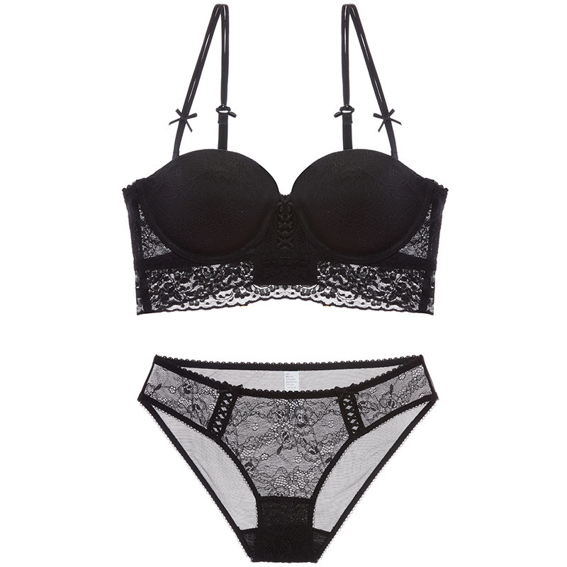 (断码青仓)蕾丝聚拢内衣文胸套装性感加厚小胸纯欲胸罩内裤成套
