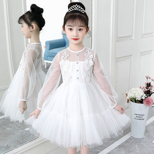 儿童礼服连衣裙白色网纱裙洋气可爱花童婚礼小女孩泡泡纱袖 公主裙