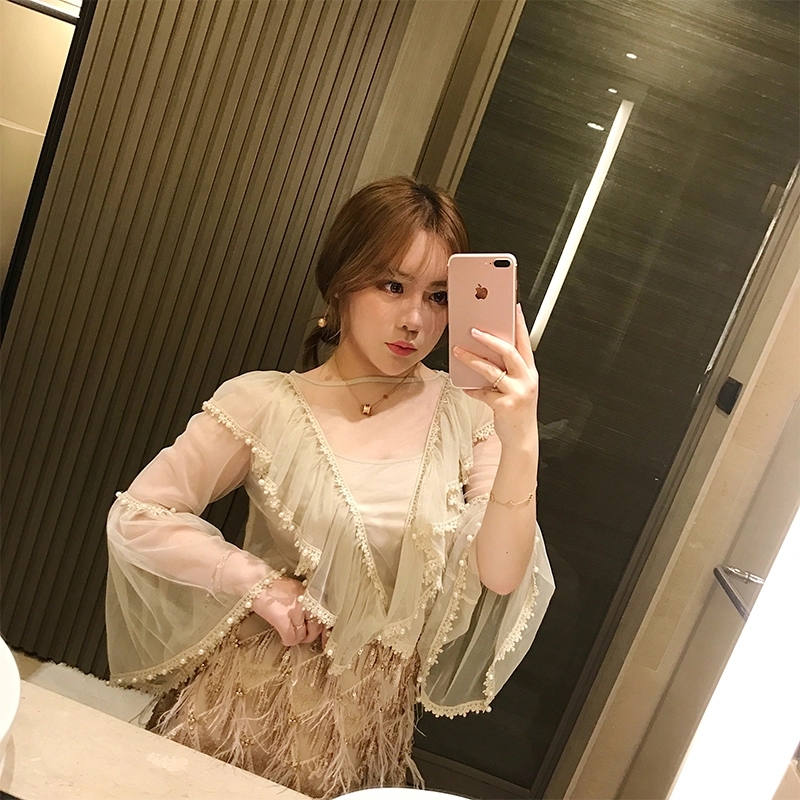 【冰點價】胖MM大碼網紗上衣內搭吊帶打底背心歐美氣質珍珠喇叭袖
