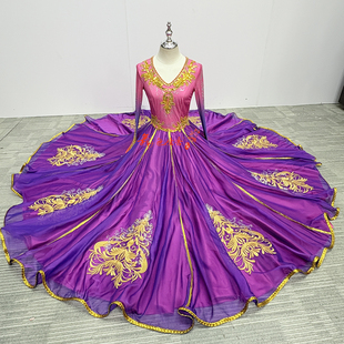 民族风新疆舞维吾尔族舞蹈演出服女艺考大摆裙紫色表演服装 定制
