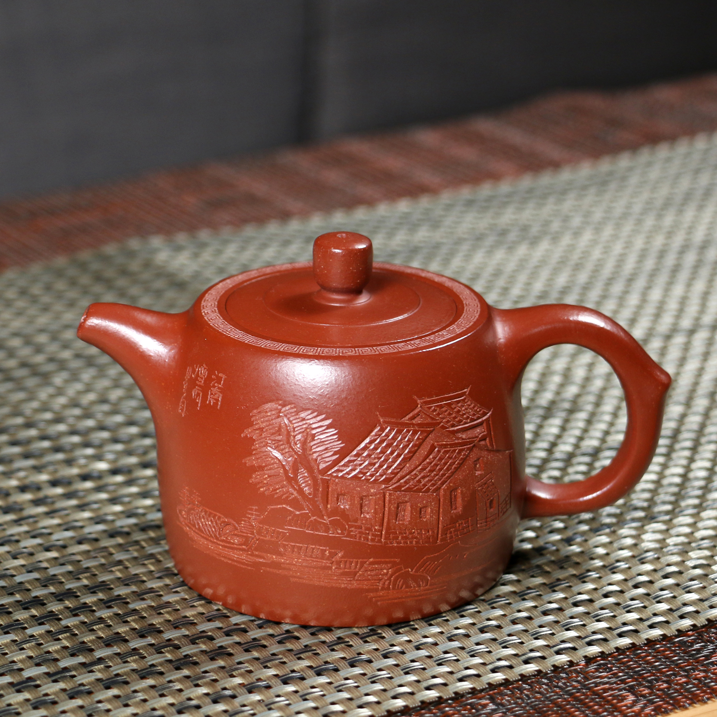 宜兴紫砂壶泡茶壶紫砂茶具原矿老朱泥壶220CC名家手工刻绘井栏壶