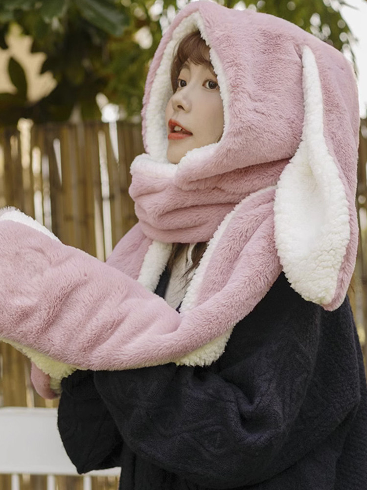한국식 겨울 일본식 학생 머플러 장갑 모자 귀여운 토끼 사이클링과 보온성을 유지하는 벨벳이 포함된 3피스 세트