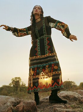 23年新款女士印度民族风格Rk黑色刺绣九分灯笼袖中腰洛丽塔连衣裙