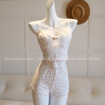 纯欲风睡衣女带胸垫吊带睡裙套装