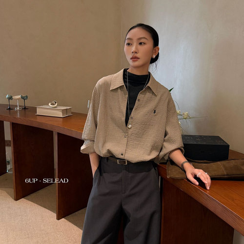 6UP早秋韩系竖条纹衬衫女老钱风小马标衬衣外套慵懒休闲穿搭61056