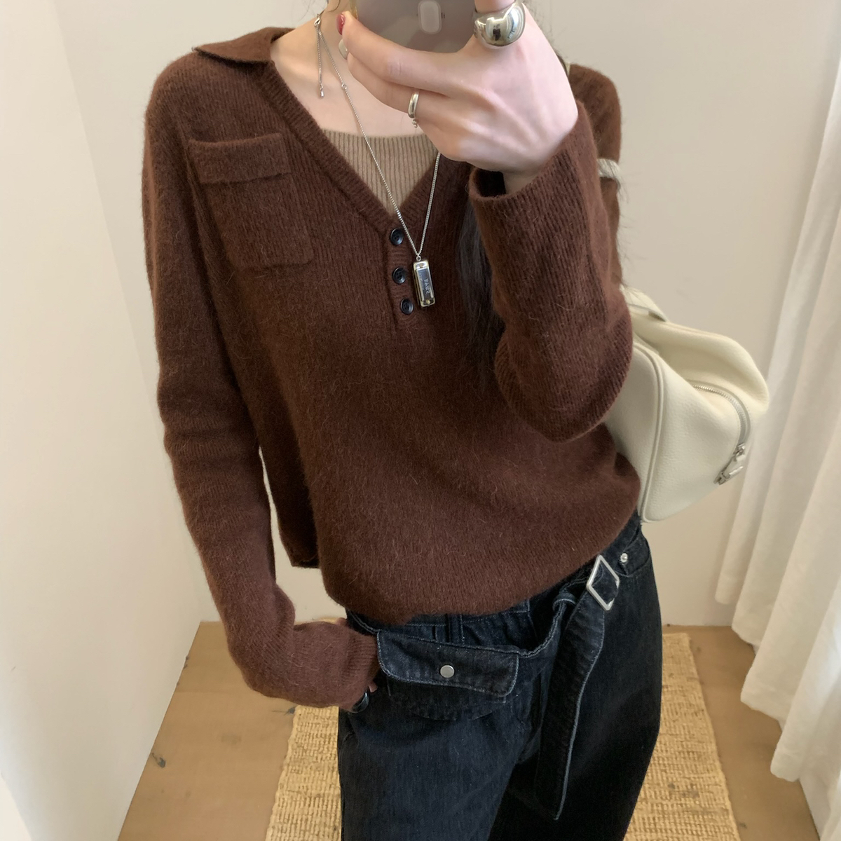 TABLE-o领羊毛羊驼毛针织上衣慵懒风内搭针织衫（含9.5羊驼毛）82