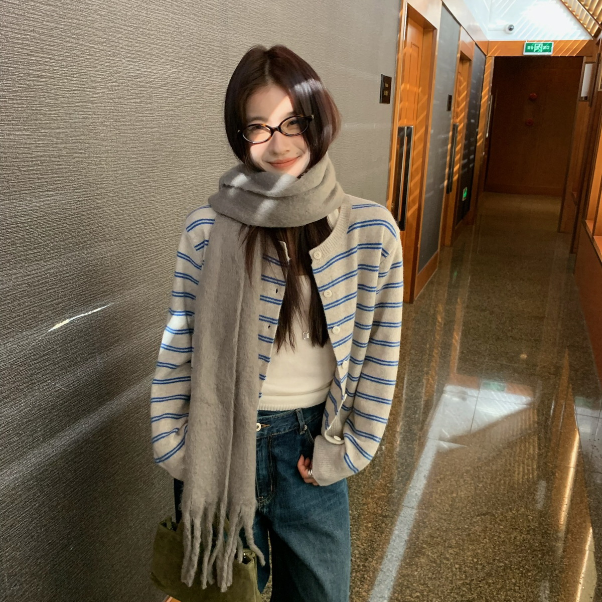 TABLE条纹单排扣百搭宽松显瘦休闲条纹针织开衫毛衣针织开衫3833