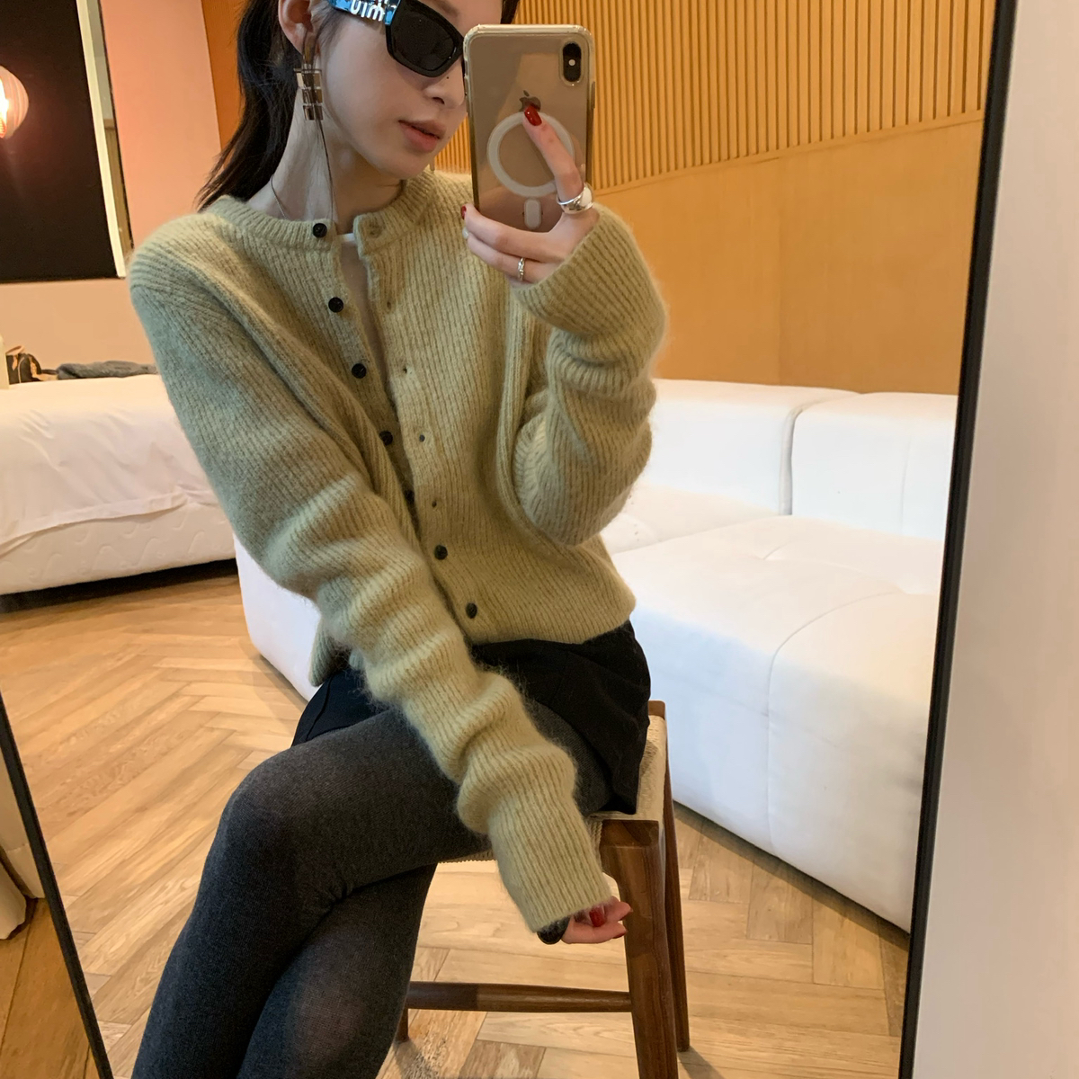 TABLE-领单排扣坑条简约羊毛马海毛衣上衣针织开衫（含33羊毛）90