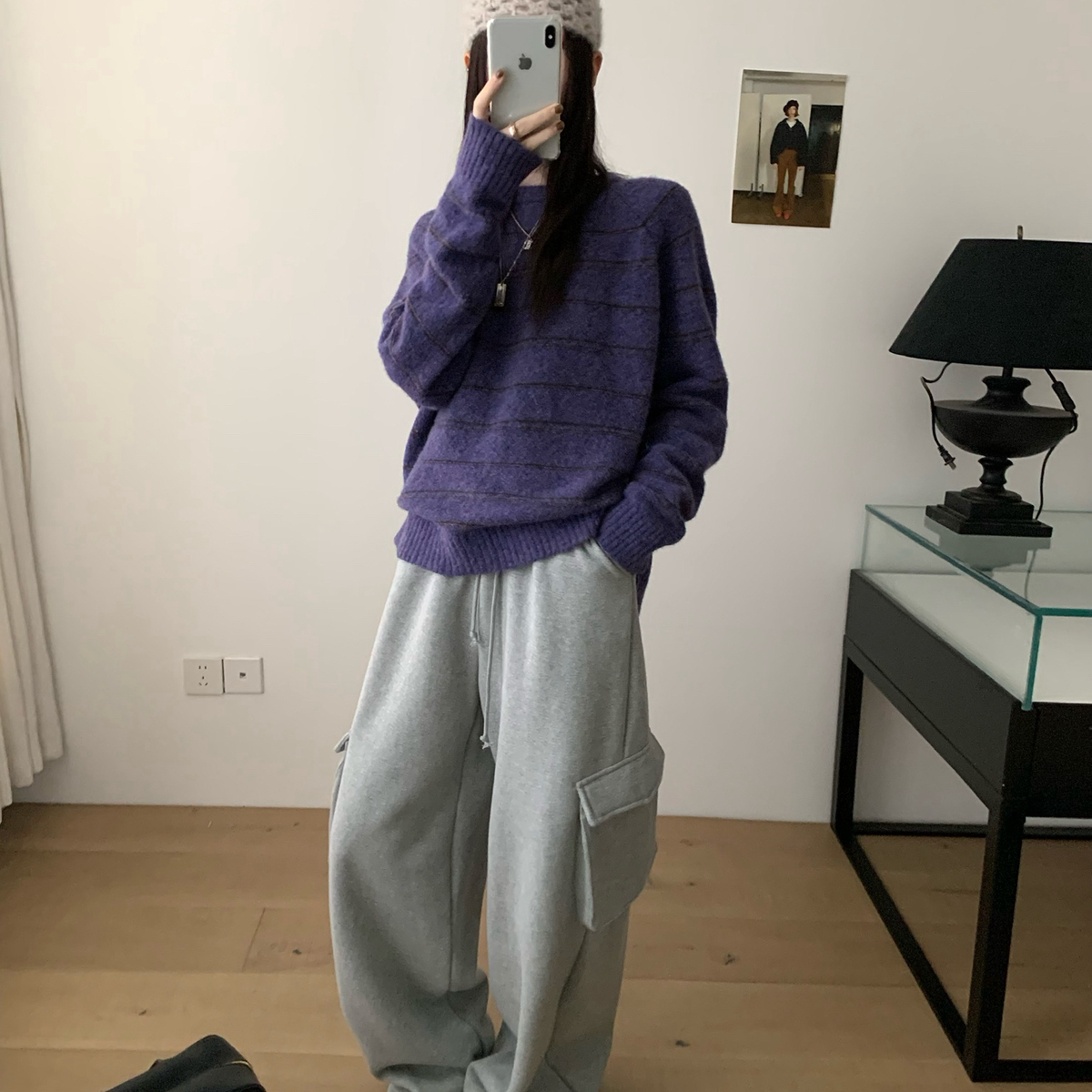 TABLE-弛圆领撞色条纹毛衣百搭套头秋冬针织衫毛衣(含80羊毛)9007