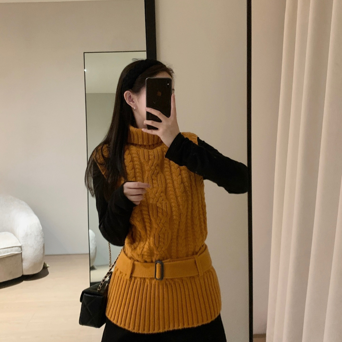 poisooo-款麻花设计无袖羊毛针织马甲(配腰带)（含100羊毛）PSM51