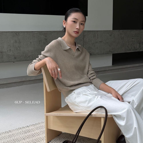 6UP韩系老钱风Polo领针织衫女细竖坑条翻领长袖通勤内搭上衣61097