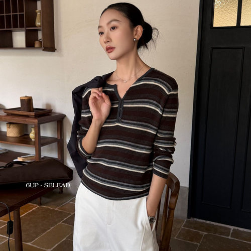 6UP韩系老钱风早秋撞色条纹针织打底衫亨利领半开扣长袖上衣61030