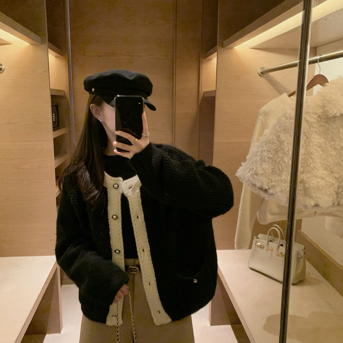 poisooo-质小香风气质羊毛开衫毛衣(含100羊毛)(拼色设计)PSM5183