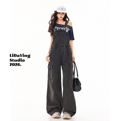 李大颖｜黑灰色背带牛仔裤女美式复古宽松减龄阔腿显瘦工装连体裤