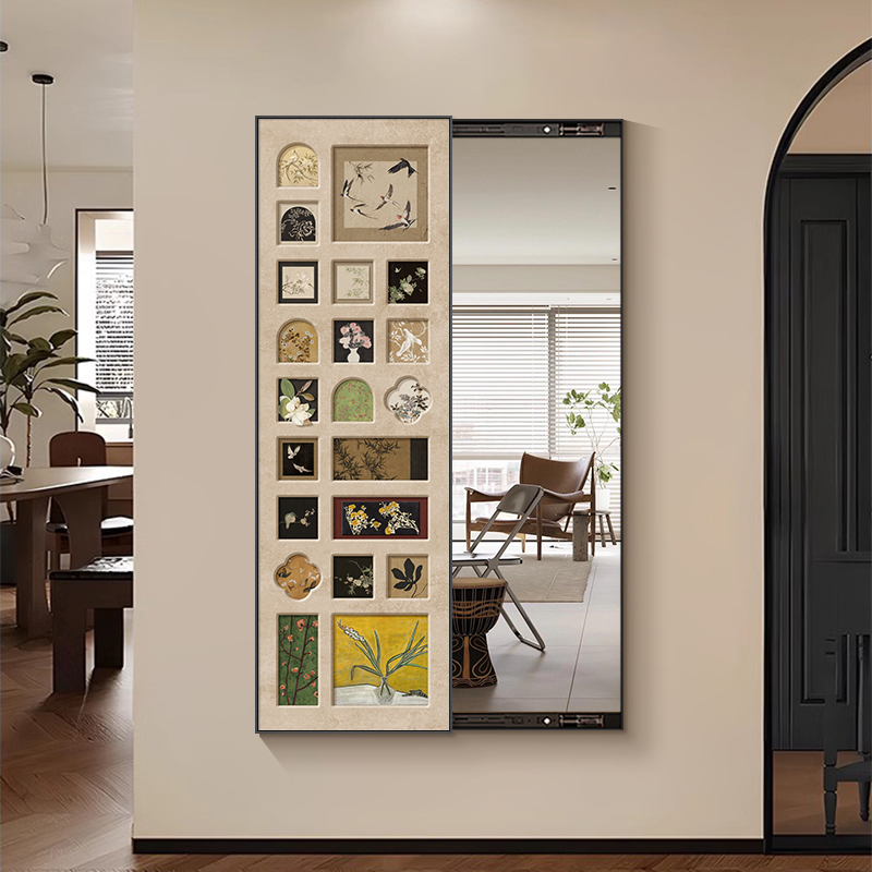 百联中古风暗藏式全身镜装饰画可推拉隐形穿衣镜壁画玄关镜子挂画