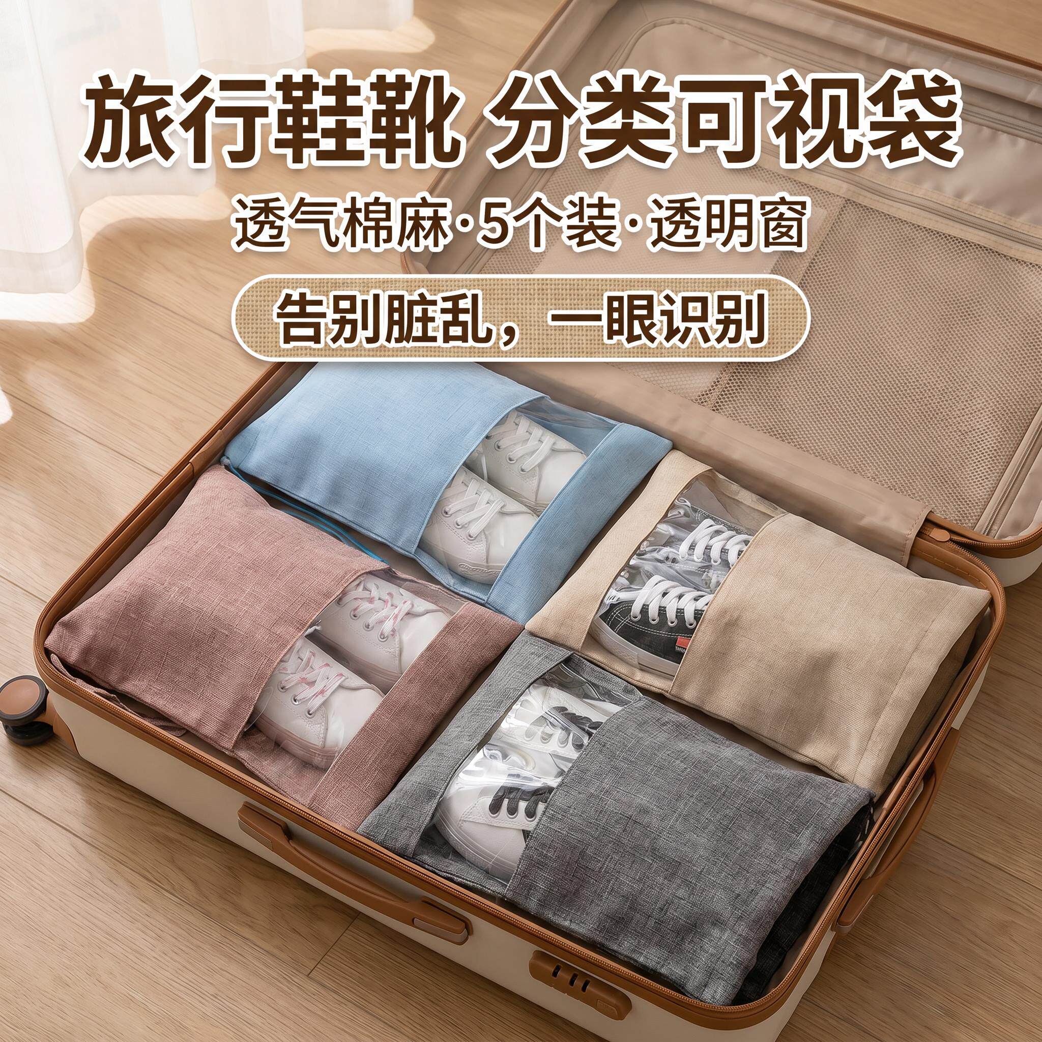 旅行鞋子收纳袋拖鞋打包行李箱鞋套防潮防霉抽绳束口麻布防尘鞋袋