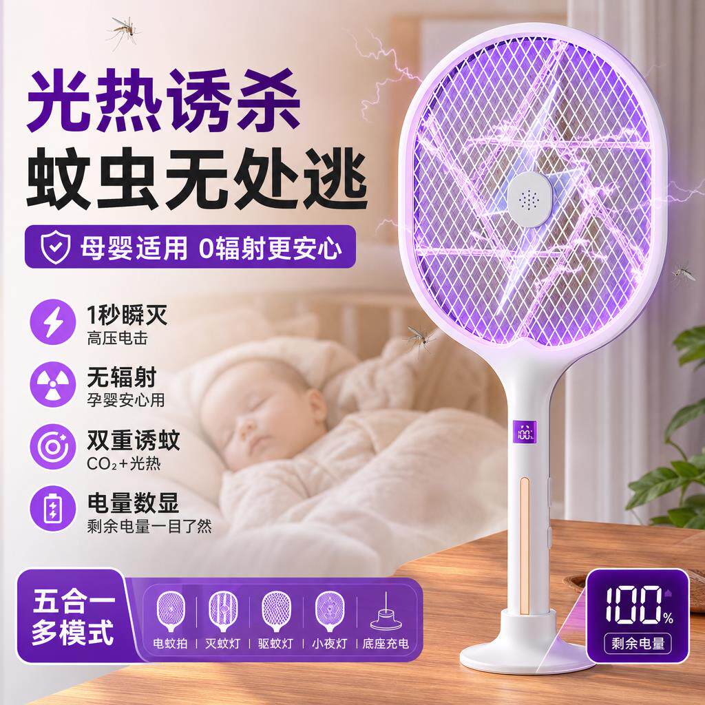 电蚊拍婴儿孕妇无辐射充电式家用超强力灭蚊灯二合一高效灭蚊虫