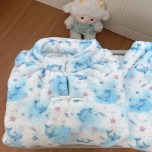 新中式 法兰绒睡衣女卡通可爱河豚加绒加厚冬天休闲保暖家居服 冬季