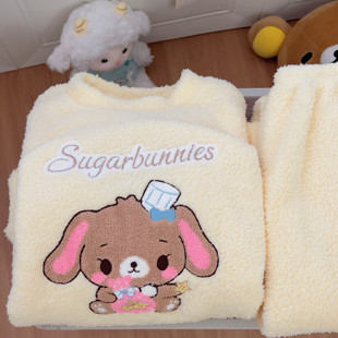 甜点兔冬季珊瑚绒睡衣女卡通甜妹圆领套头刺绣宅家休闲家居服套装