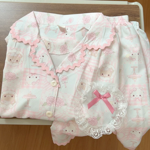 夏季 夏天休闲居家服可外穿 冰丝睡衣女款 天使小熊可爱花边翻领短袖