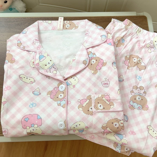 粉格轻松小熊长袖长裤纯棉睡衣开衫翻领卡通可爱家居服套装可外穿