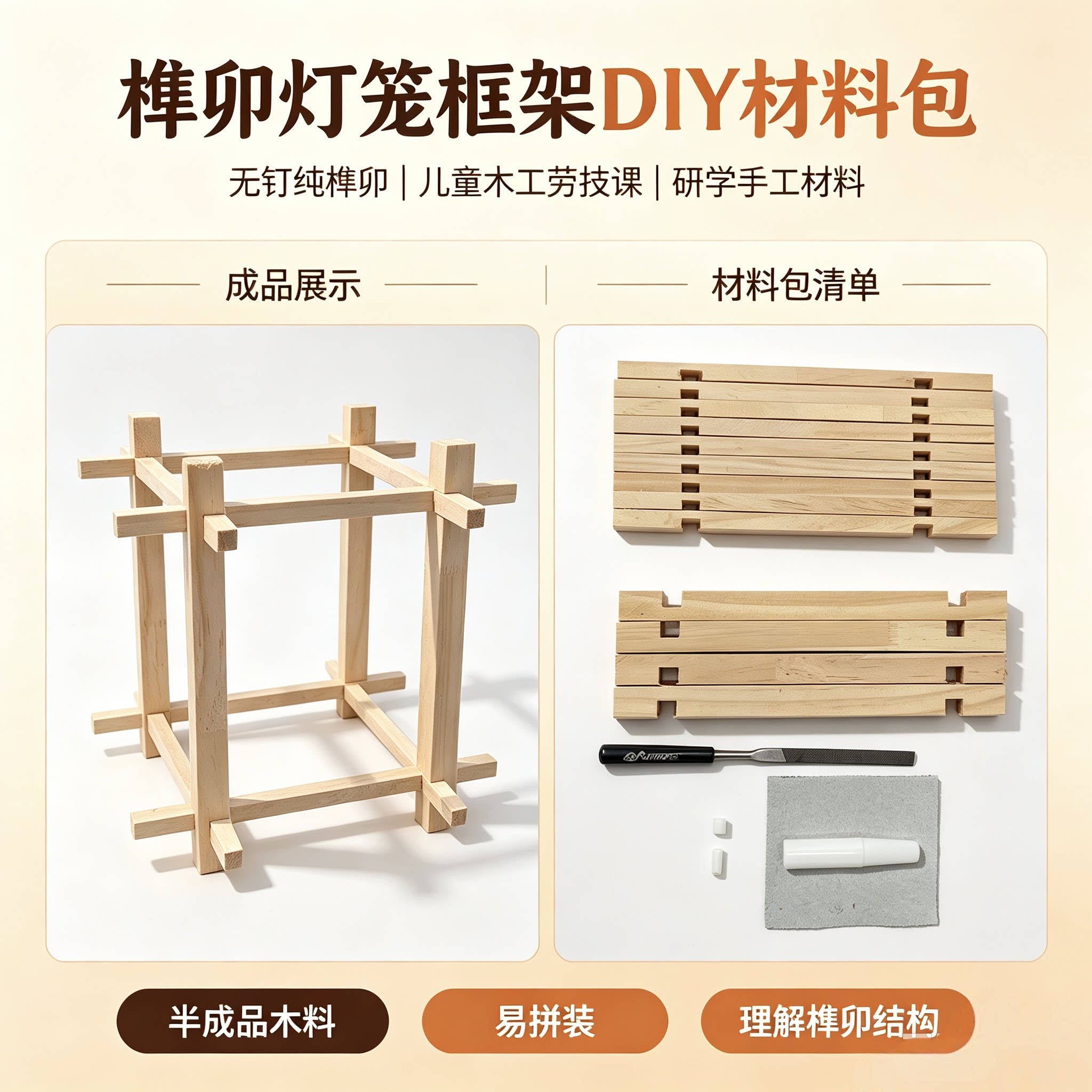 中秋节灯笼榫卯木灯手提DIY半成品材料包木工手工儿童小学劳技课