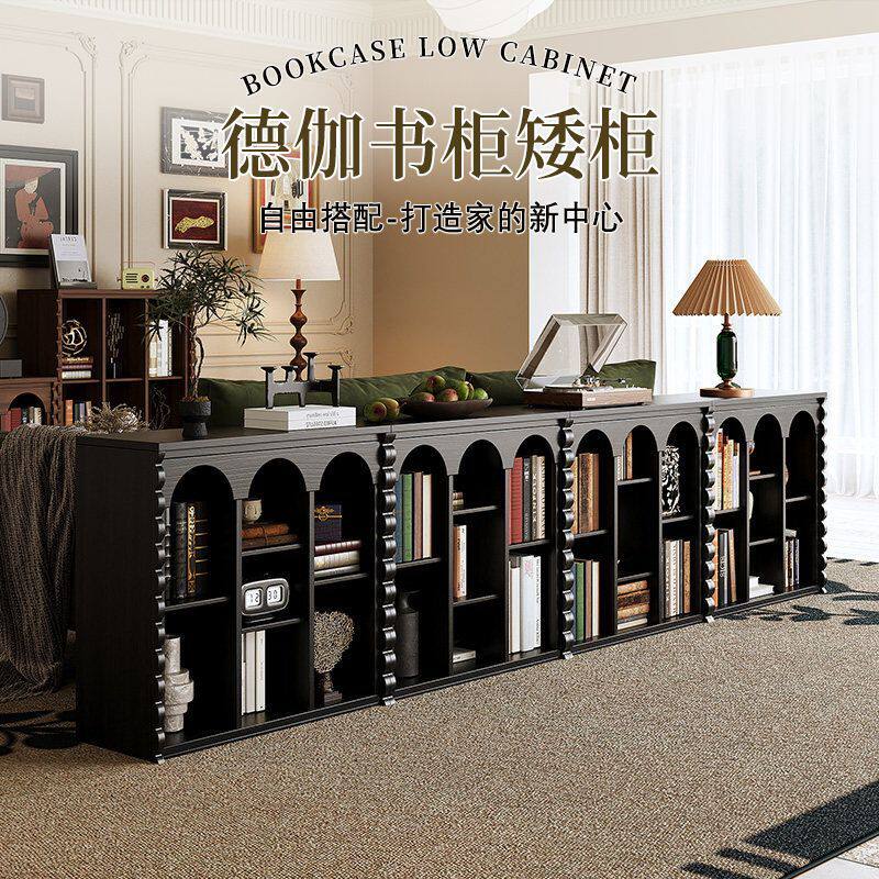 法式复古实木书柜客厅靠墙多层收纳柜落地展示储物中古风组合角柜