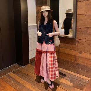 韩里韩气两件套装女夏季森系复古V领刺绣牛仔马甲搭配格纹半身裙