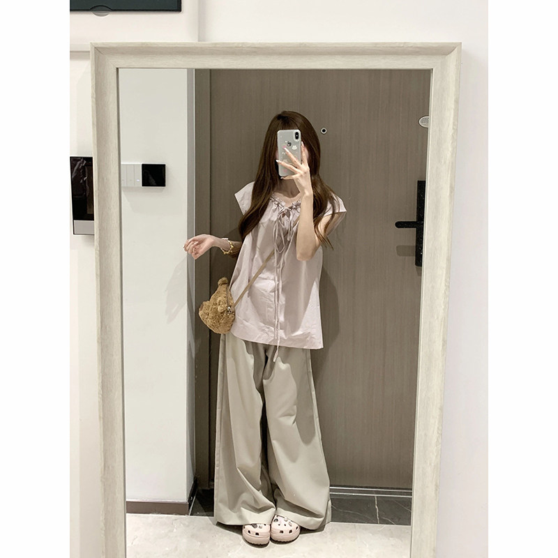 夏天绝美漂亮小套装女韩系古早味系带短袖衬衫休闲阔腿裤子两件套
