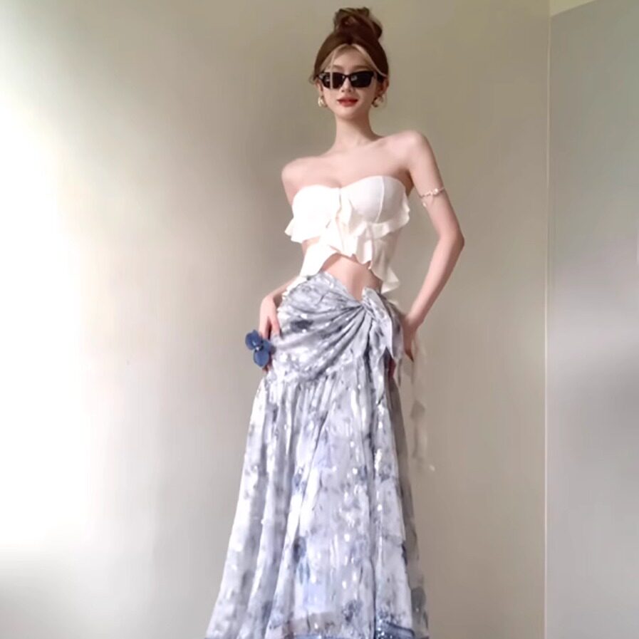 李不婉繁星点点蓝琳花染度假风亮片蕾丝半身裙女春秋气质优雅长裙