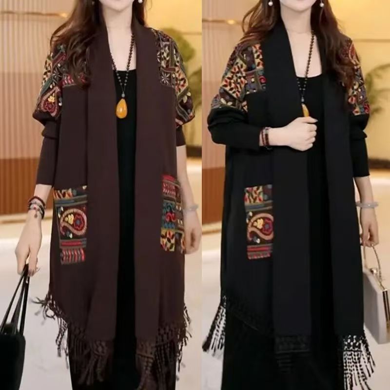 春秋外搭妈妈时尚流苏披风开衫宽松遮肚刺绣提花拼接披肩外套2025