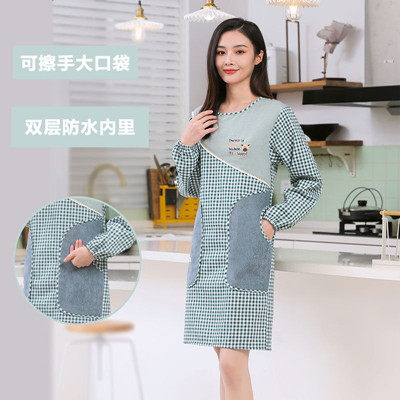 韩版秋冬款厨房做饭加厚围裙长袖带擦手围腰防油水女可爱罩衣纯棉