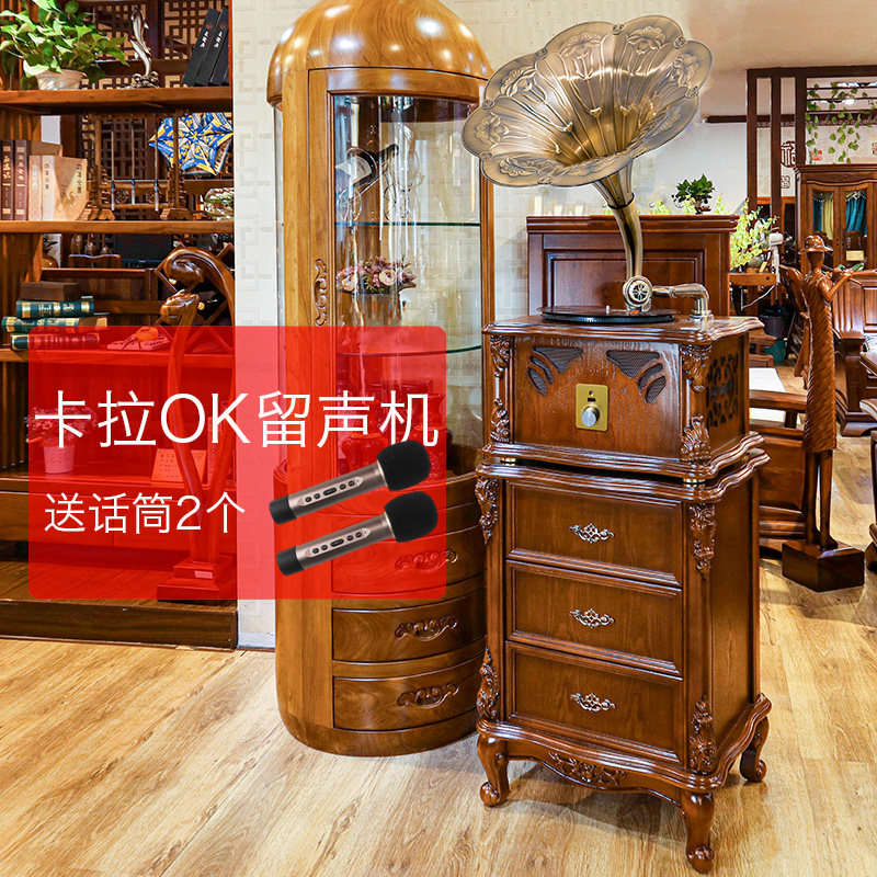今墨卡拉OK K歌黑胶唱片机客厅欧式实木铜喇叭双低音炮音响B08