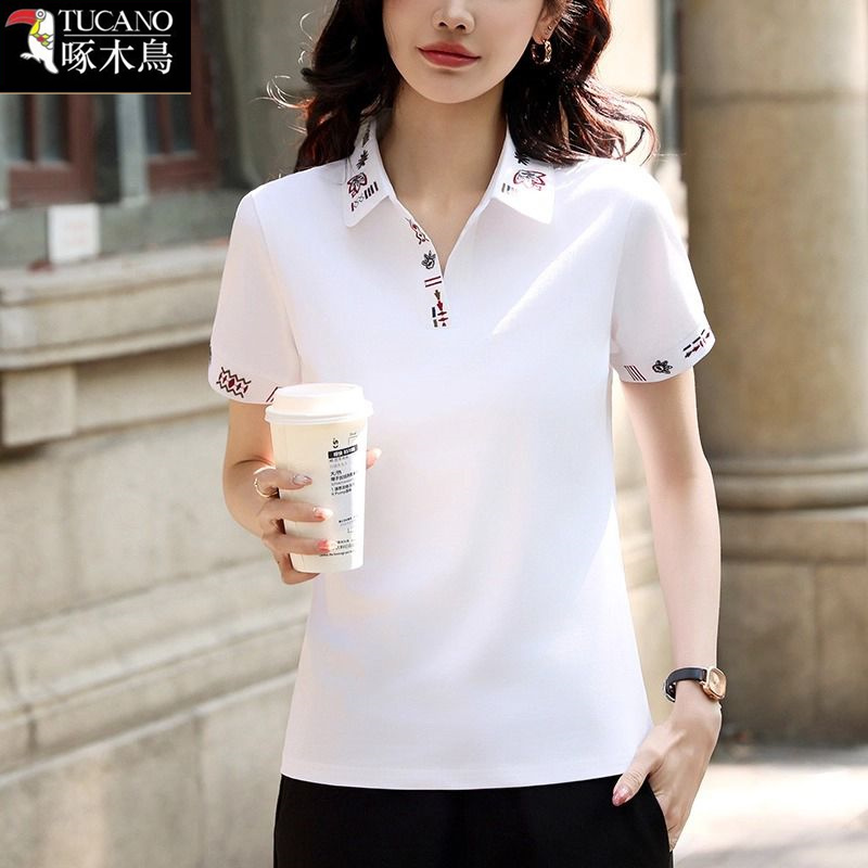 啄木鸟夏季薄款翻领上衣女时尚减龄2025年新款短袖高级感刺绣T恤