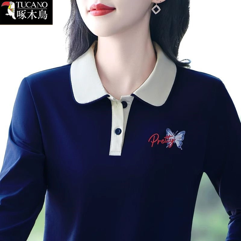 啄木鸟春秋新款长袖t恤女翻领小个子减龄POLO衫设计拼色印花上衣